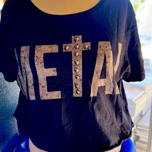 Medium black short sleeve METAL distressed shirt with studs. Rocker grunge goth